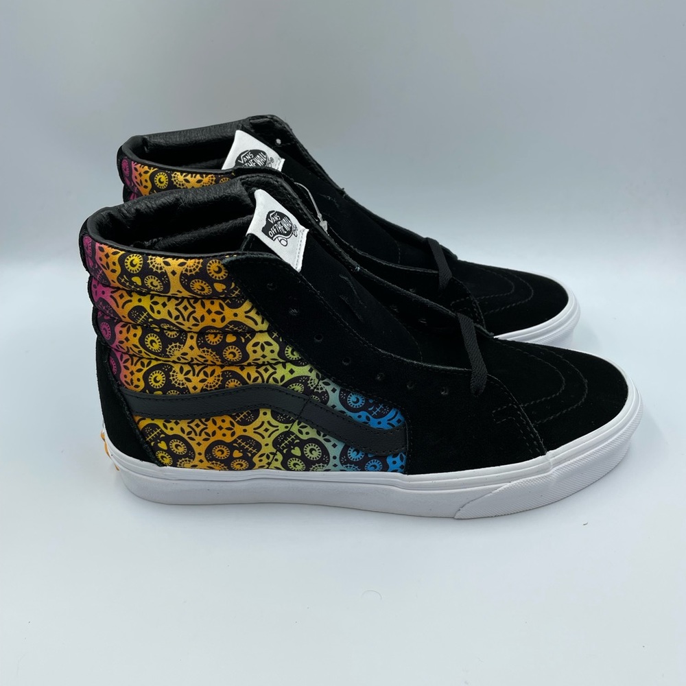 Vans Black High-Top Athletic Shoes with Rainbow day of the dead Pattern